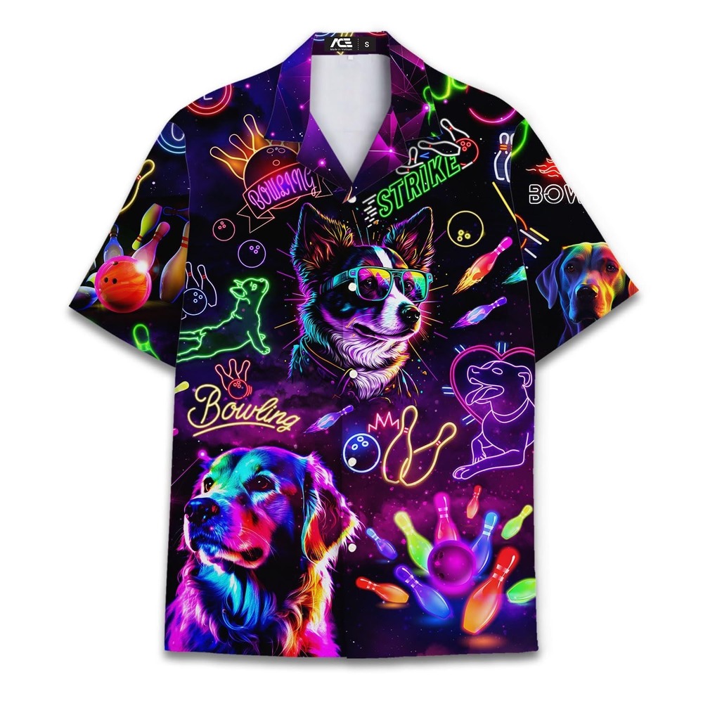 NWT Retro Neon Bowling Dog Hawaiian Shirt Button Down Short Sleeve Men 2XL